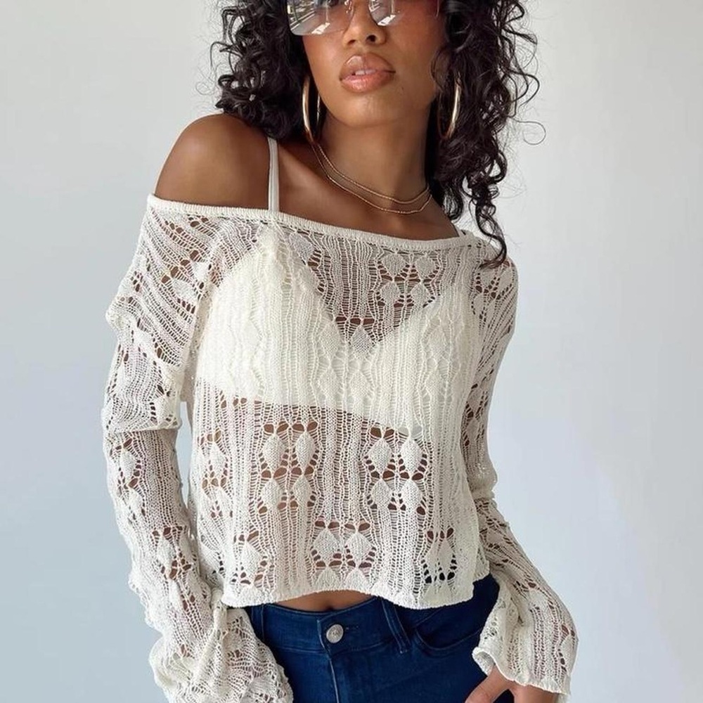 Off-Shoulder Lace Knit Sweater - Cream